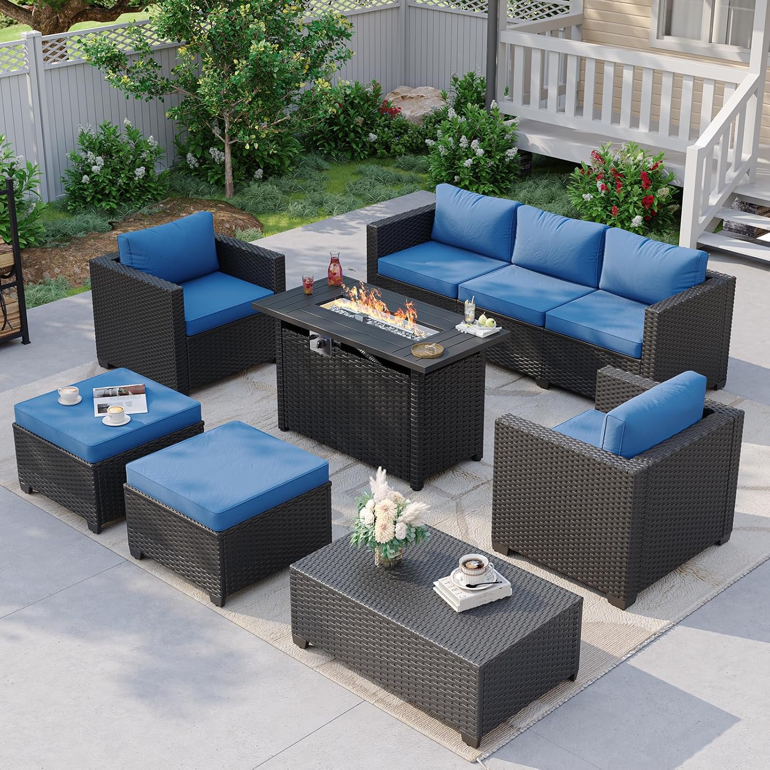 Outdoor Furniture Set With Fire Pit - Navy Blue Outdoor Sectional Sofa with