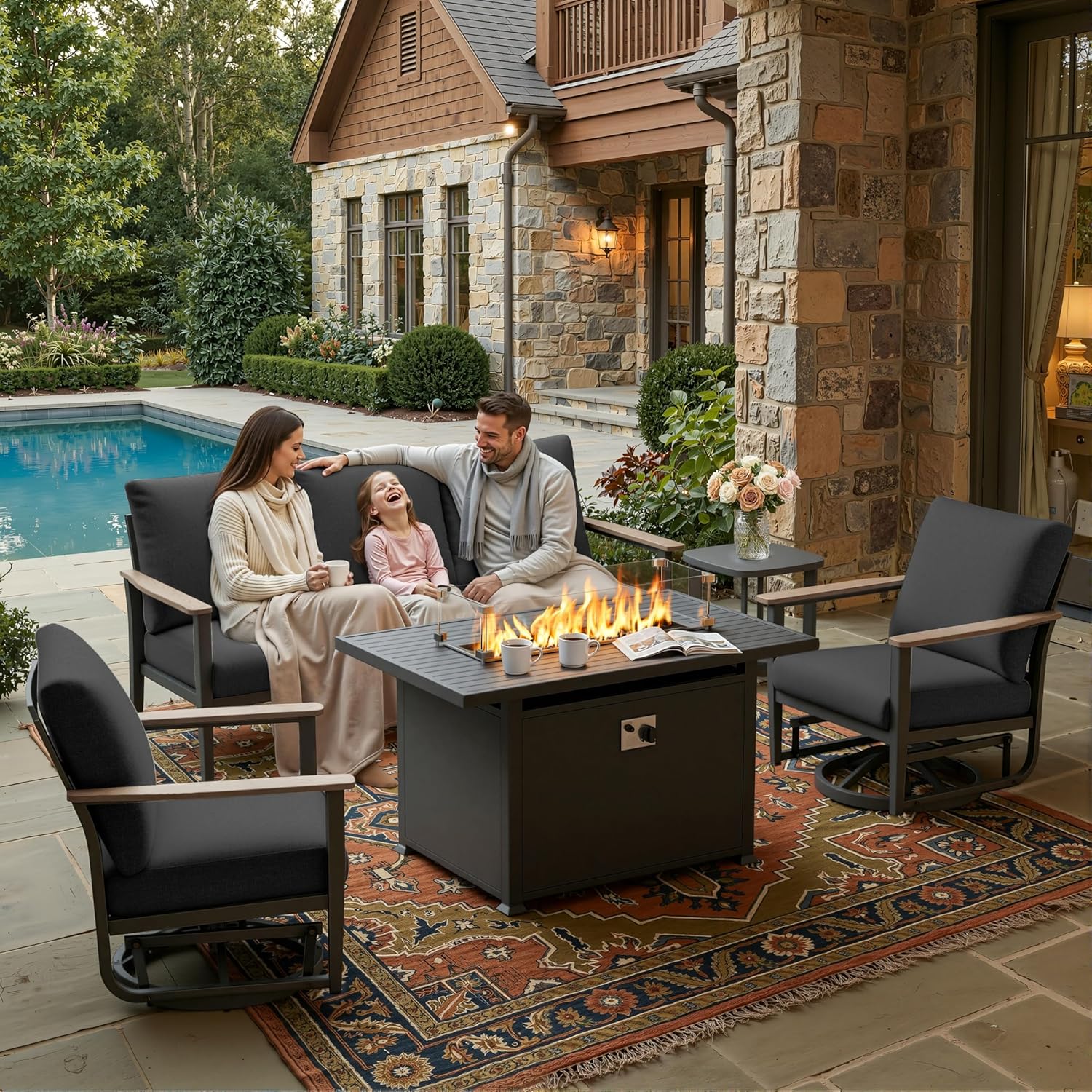 5pc Aluminum Patio Set Swivel  - Outdoor Furniture Set With Fire Pit review and price